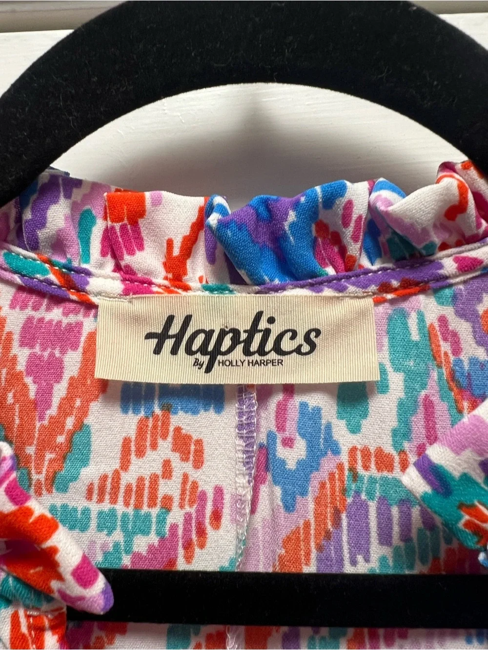 Haptics Multicolor Ikat Print Ruffle V-Neck Blouse — Red, Blue, Purple - Picture 2 of 3